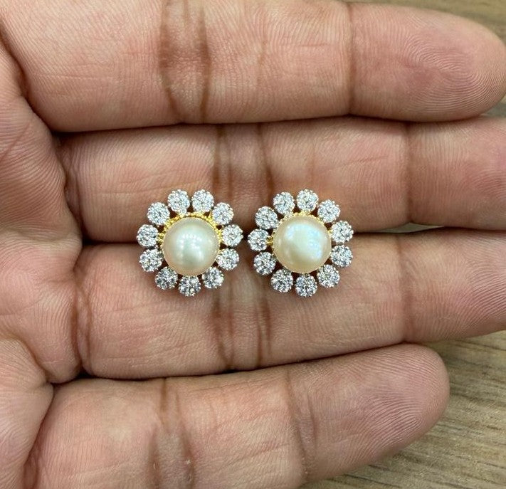 CZ Stone Studded Studs With Real Button Pearl (D.No PTOP172)