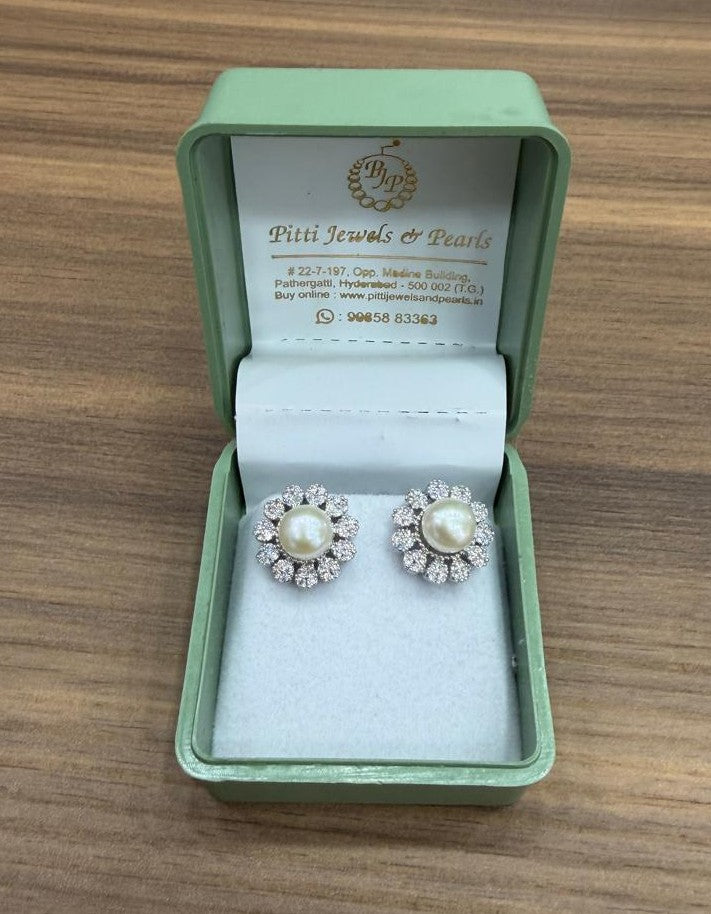 CZ Stone Studded Studs With Real Button Pearl (D.No PTOP173)