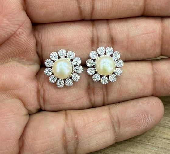 CZ Stone Studded Studs With Real Button Pearl (D.No PTOP173)
