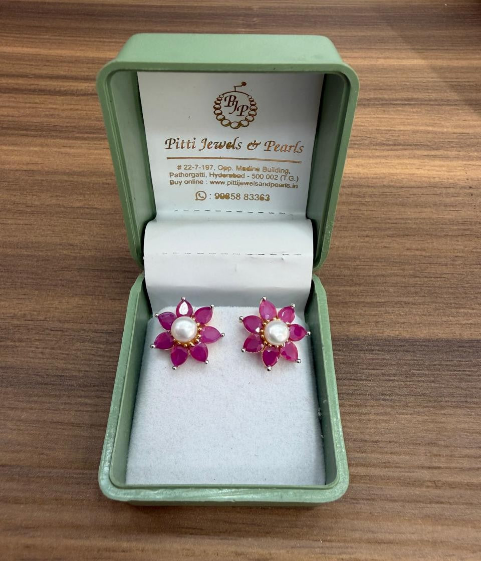 CZ Colour Stone Studded Studs With Real Button Pearl (D.No PTOP175)