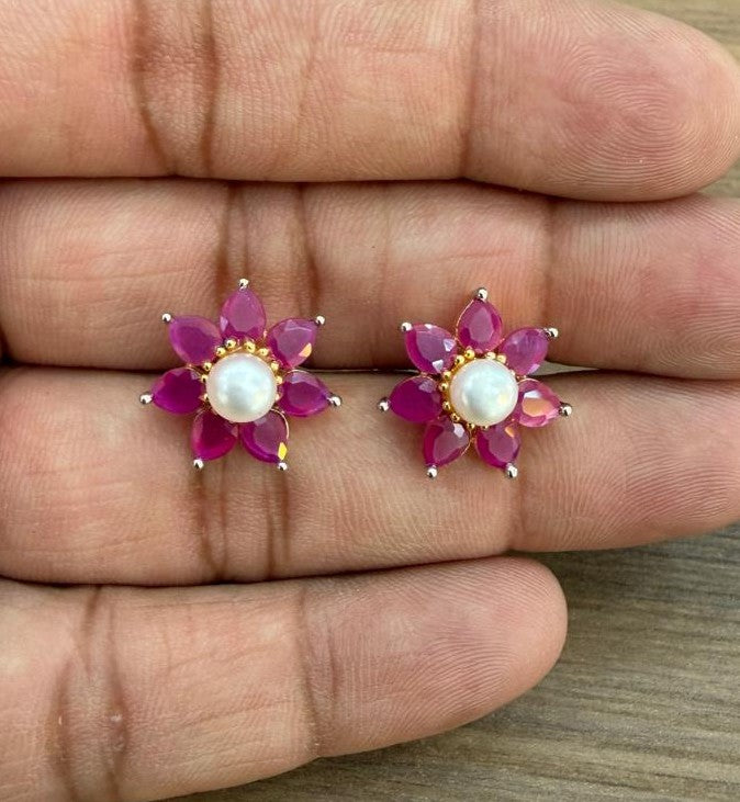 CZ Colour Stone Studded Studs With Real Button Pearl (D.No PTOP175)