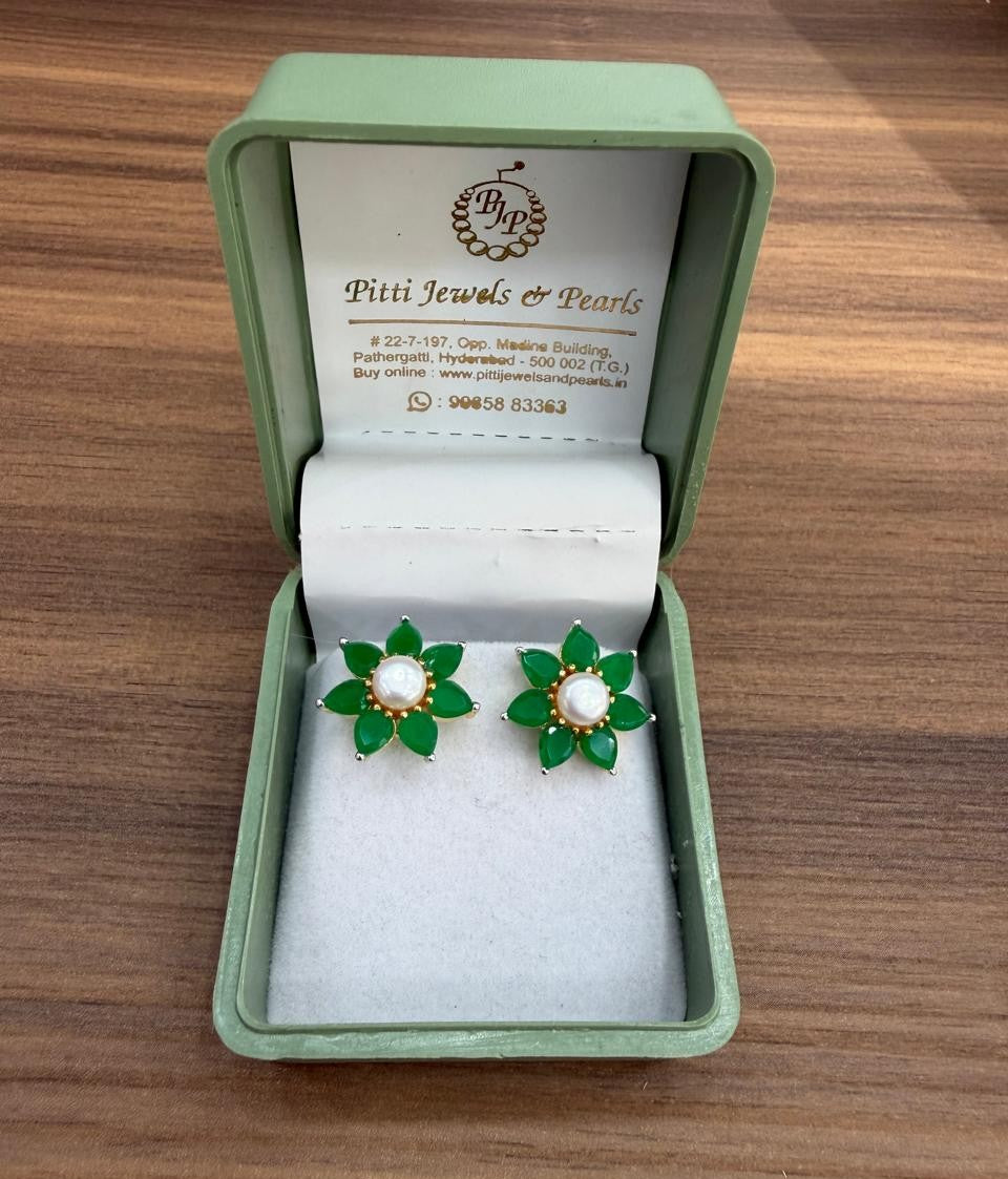 CZ Colour Stone Studded Studs With Real Button Pearl (D.No PTOP176)