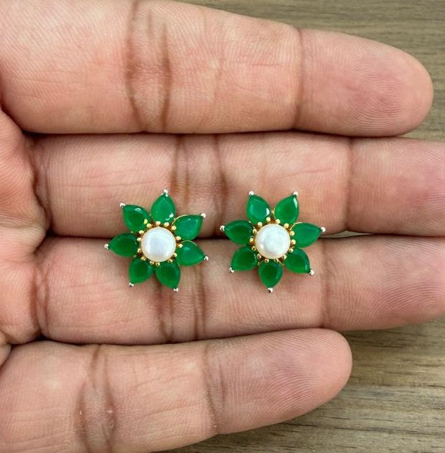 CZ Colour Stone Studded Studs With Real Button Pearl (D.No PTOP176)