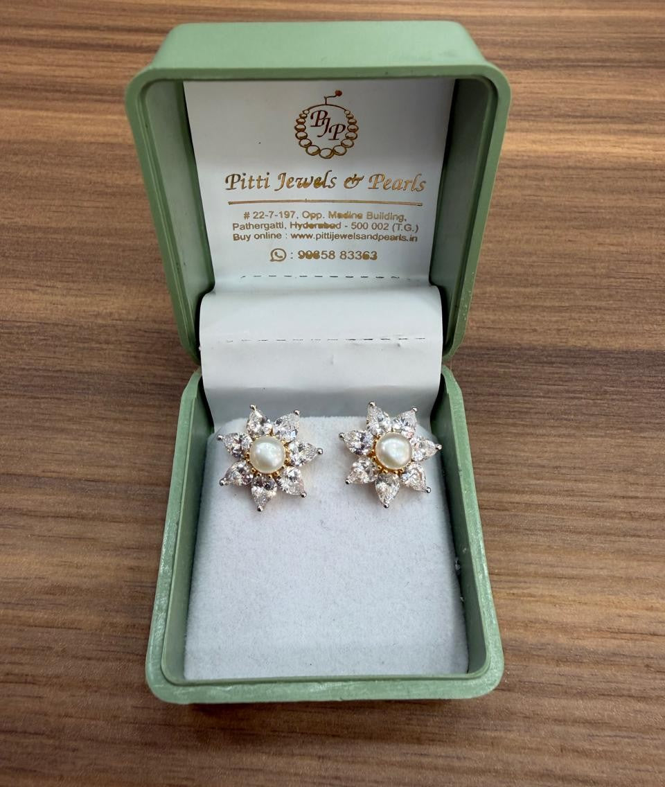 CZ White Stone Studded Studs With Real Button Pearl (D.No PTOP177)