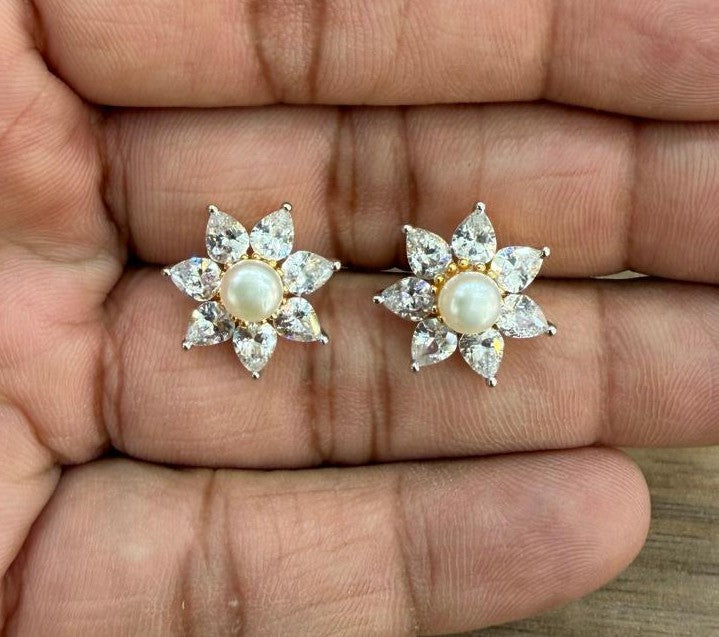 CZ White Stone Studded Studs With Real Button Pearl (D.No PTOP177)