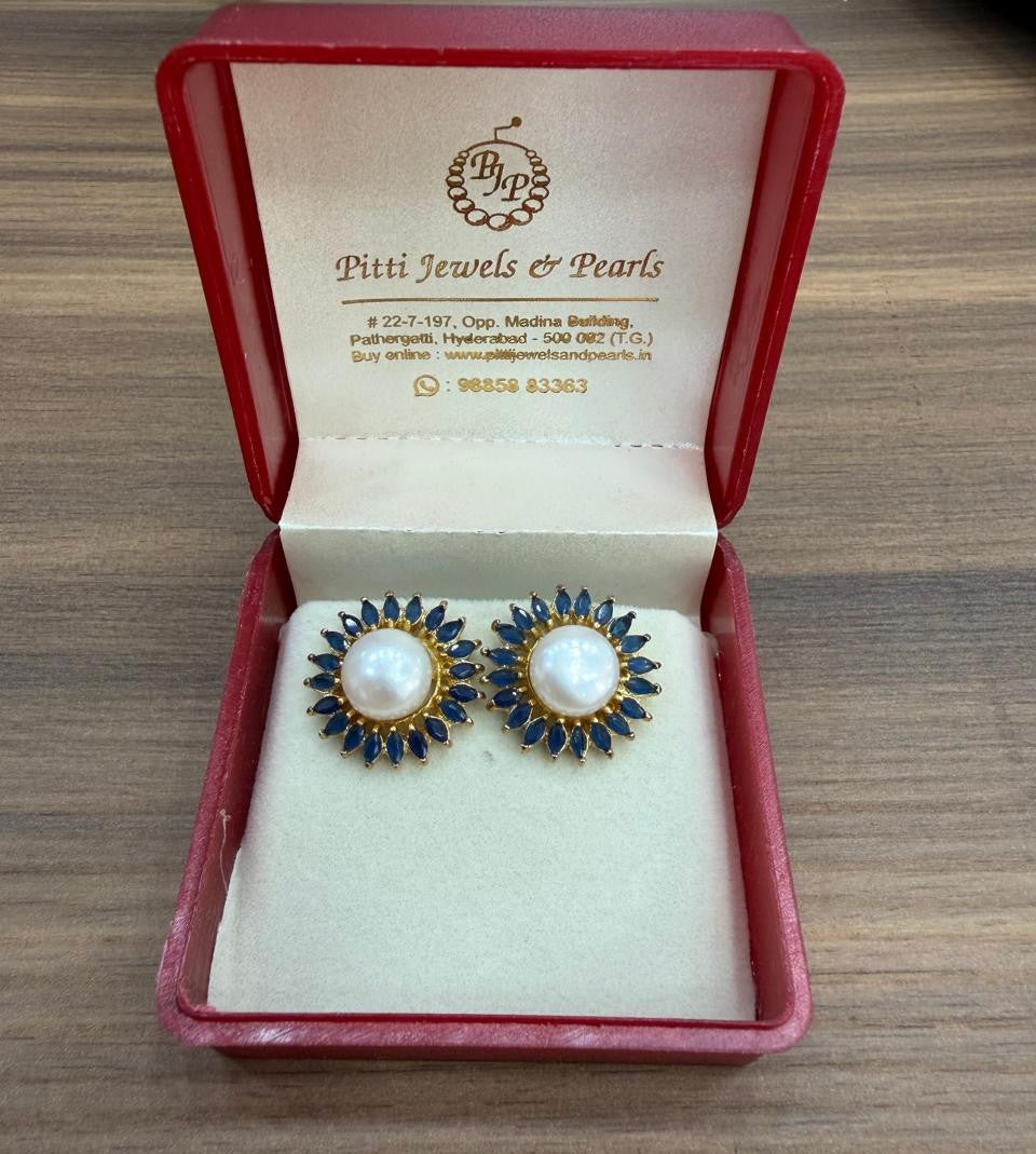 CZ Colour Stone Studded Big Studs With Real Button Pearl (D.No PTOP178)