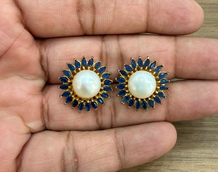 CZ Colour Stone Studded Big Studs With Real Button Pearl (D.No PTOP178)