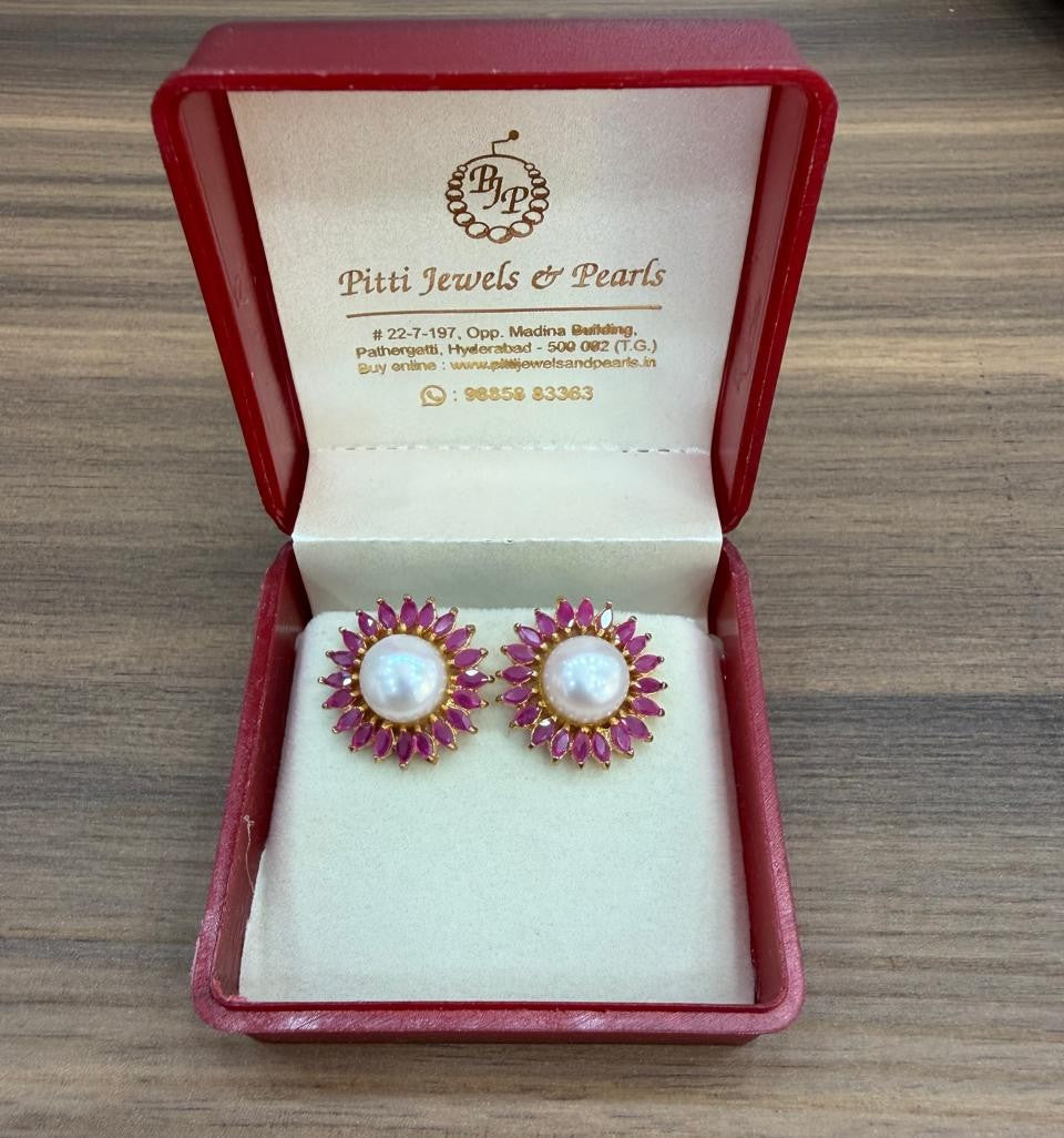 CZ Colour Stone Studded Big Studs With Real Button Pearl (D.No PTOP179)