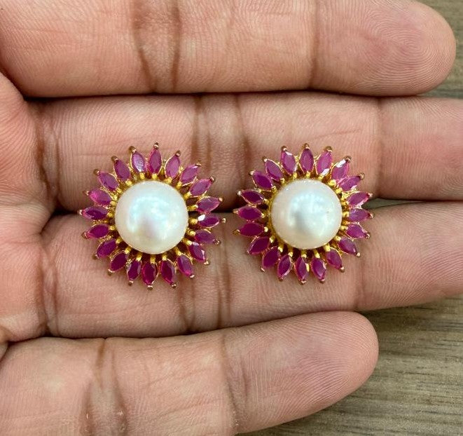 CZ Colour Stone Studded Big Studs With Real Button Pearl (D.No PTOP179)