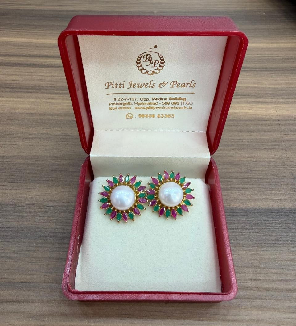 CZ Colour Stone Studded Big Studs With Real Button Pearl (D.No PTOP180)