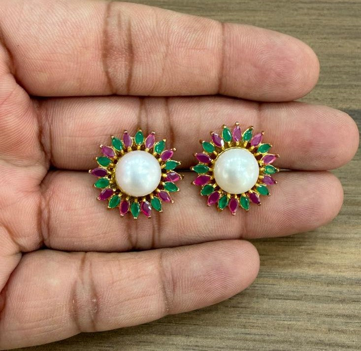 CZ Colour Stone Studded Big Studs With Real Button Pearl (D.No PTOP180)