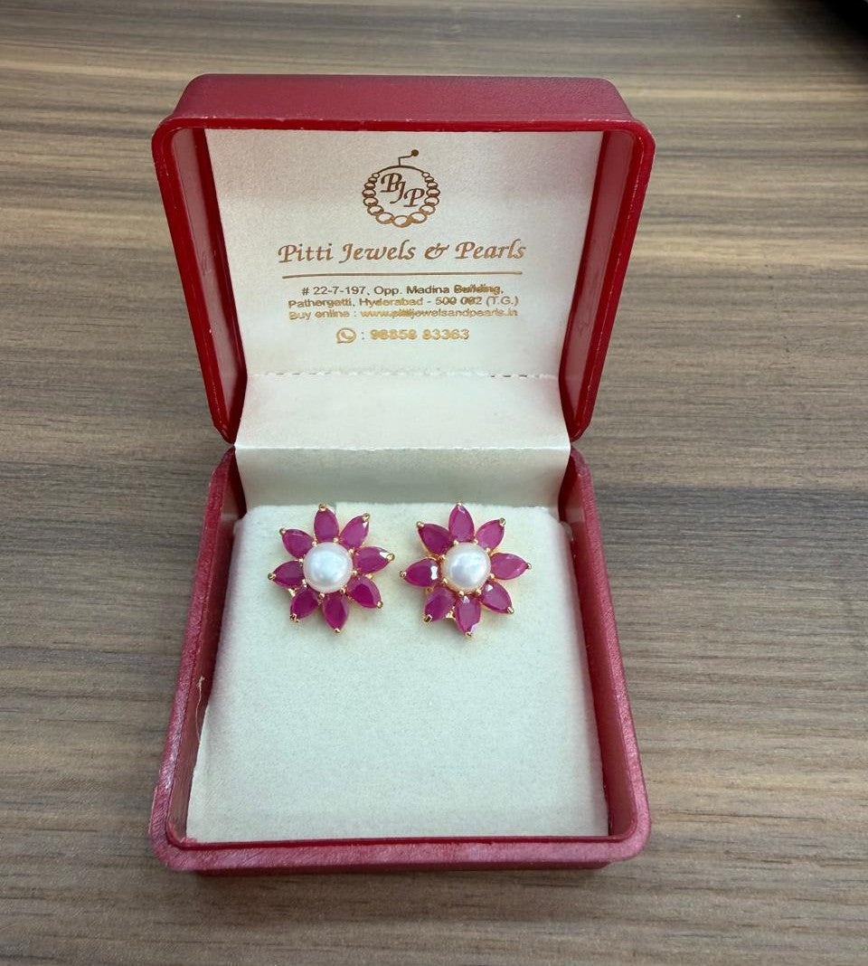 CZ Colour Stone Studded Big Studs With Real Button Pearl (D.No PTOP181)