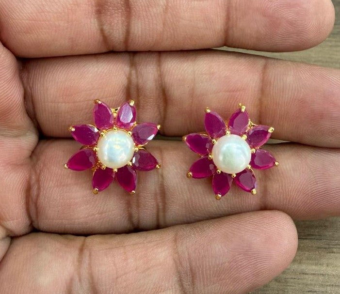 CZ Colour Stone Studded Big Studs With Real Button Pearl (D.No PTOP181)