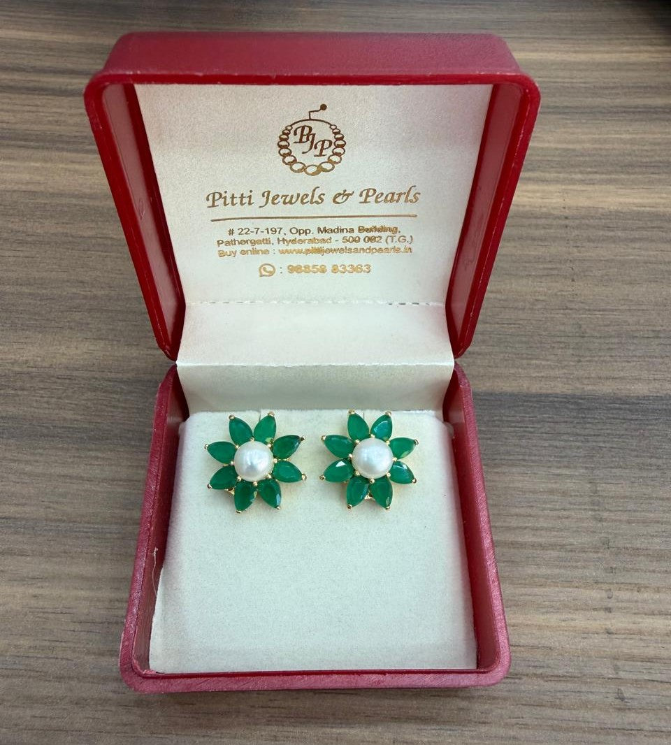 CZ Colour Stone Studded Big Studs With Real Button Pearl (D.No PTOP182)