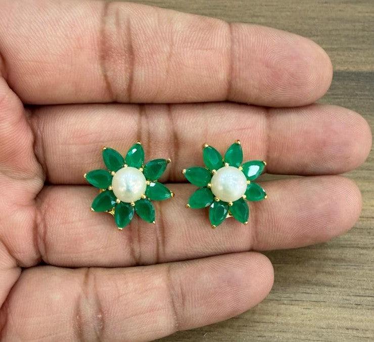 CZ Colour Stone Studded Big Studs With Real Button Pearl (D.No PTOP182)