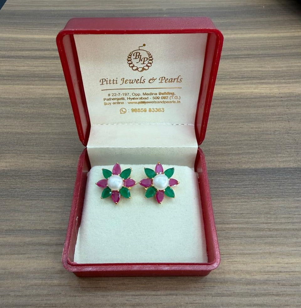 CZ Colour Stone Studded Big Studs With Real Button Pearl (D.No PTOP183)