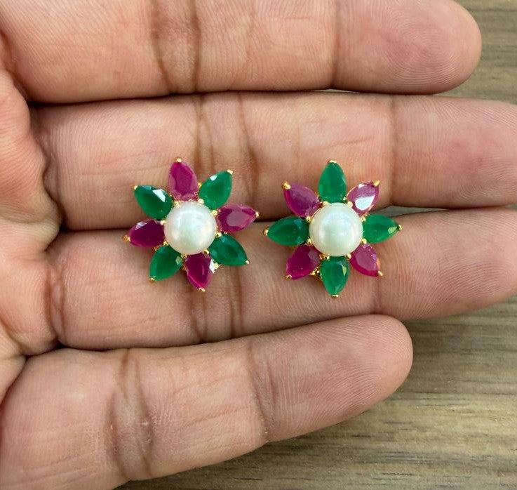 CZ Colour Stone Studded Big Studs With Real Button Pearl (D.No PTOP183)
