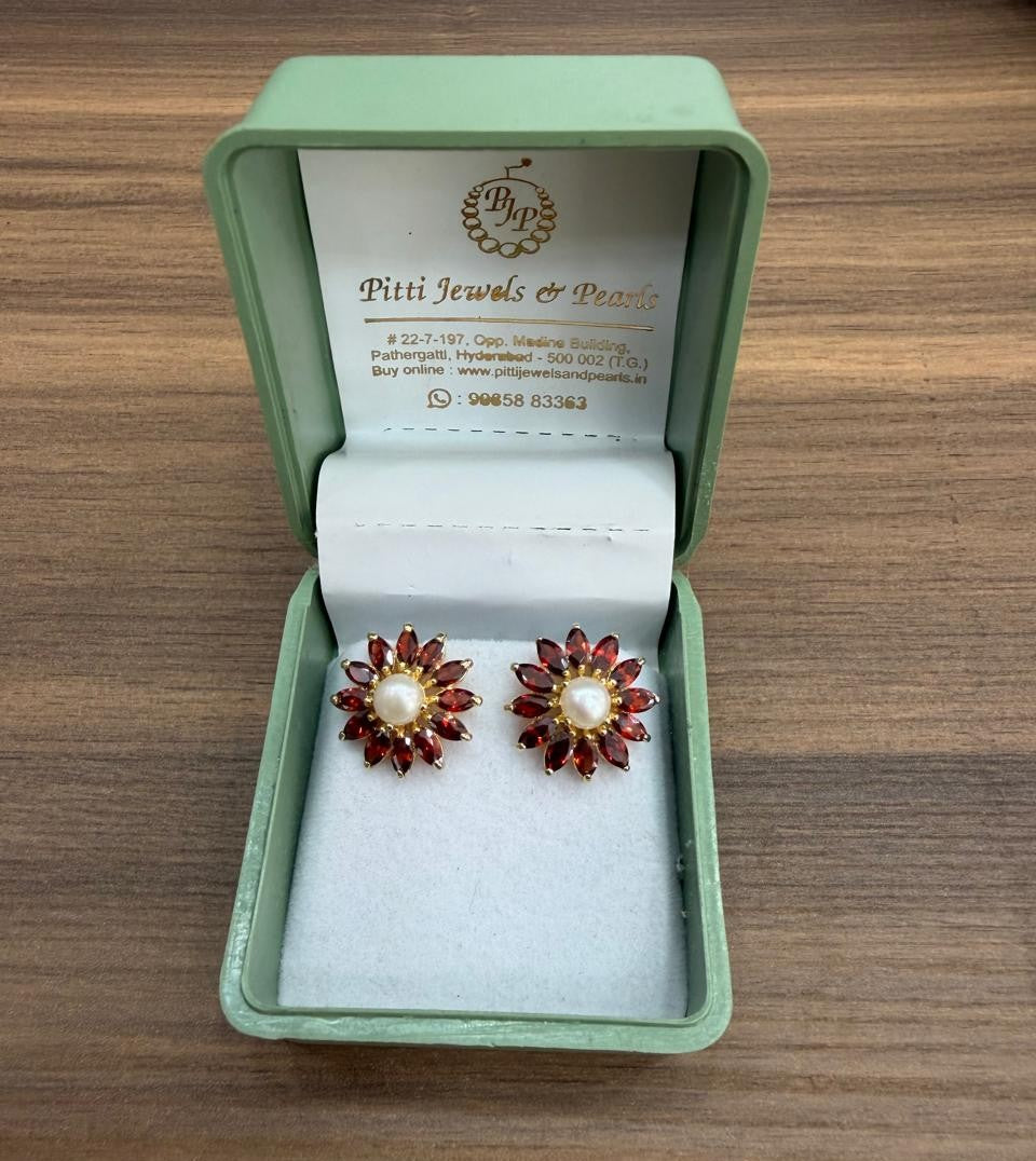CZ Colour Stone Studded Studs With Real Button Pearl (D.No PTOP184)