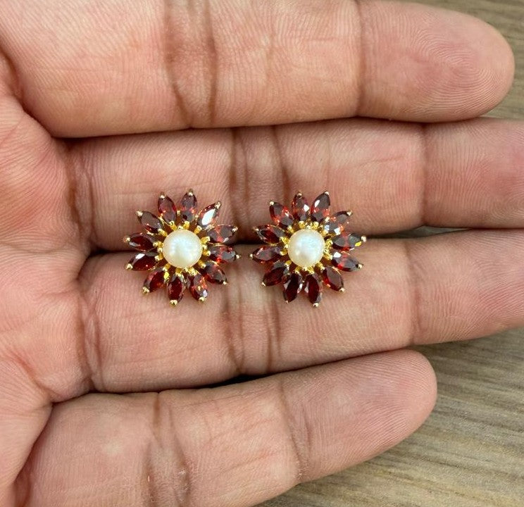 CZ Colour Stone Studded Studs With Real Button Pearl (D.No PTOP184)
