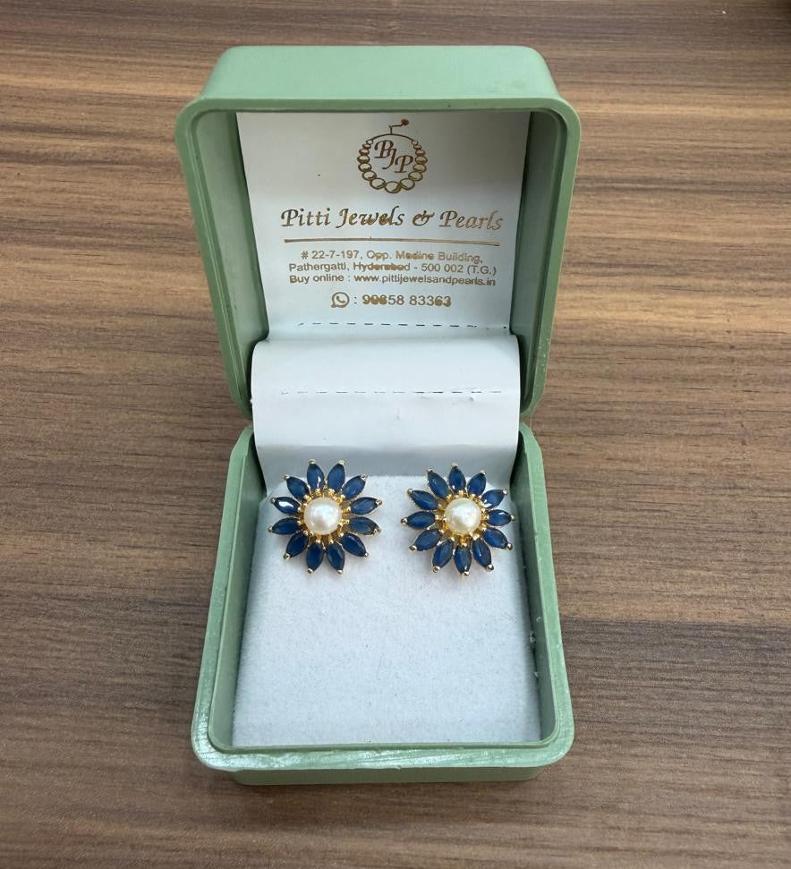 CZ Colour Stone Studded Studs With Real Button Pearl (D.No PTOP185)