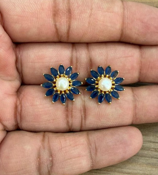 CZ Colour Stone Studded Studs With Real Button Pearl (D.No PTOP185)