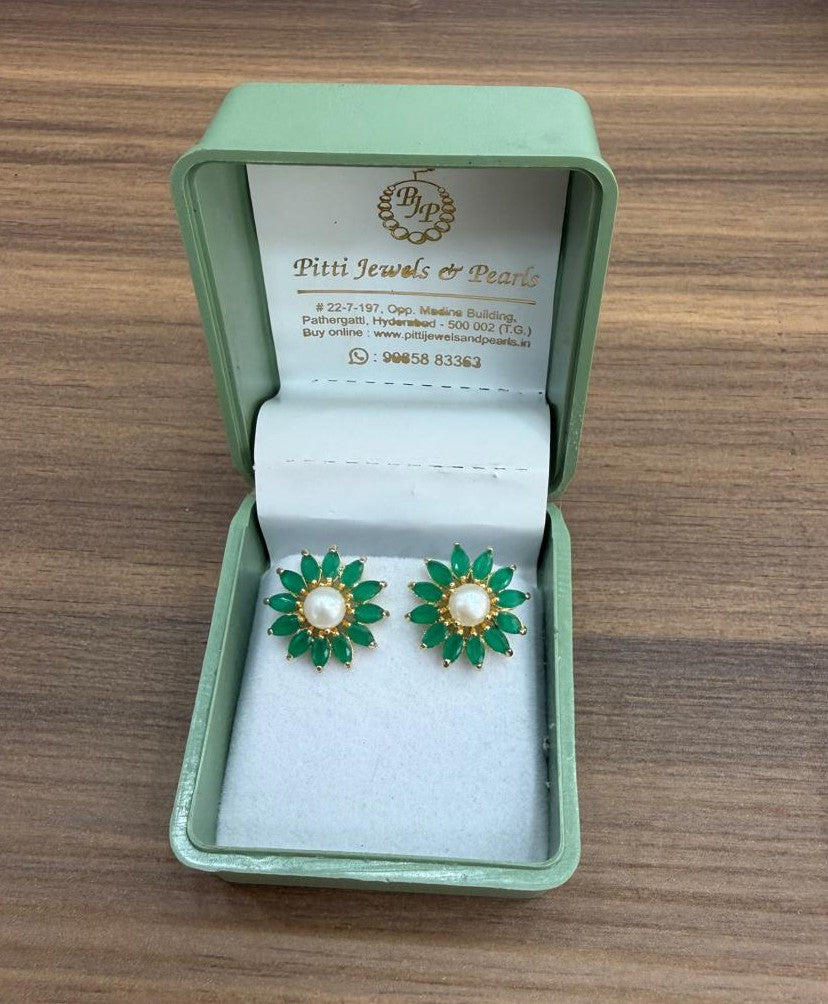 CZ Colour Stone Studded Studs With Real Button Pearl (D.No PTOP186)