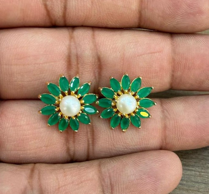 CZ Colour Stone Studded Studs With Real Button Pearl (D.No PTOP186)