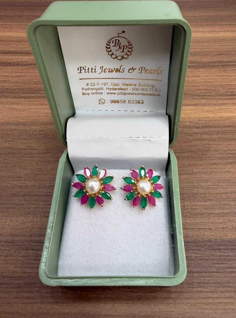 CZ Colour Stone Studded Studs With Real Button Pearl (D.No PTOP187)