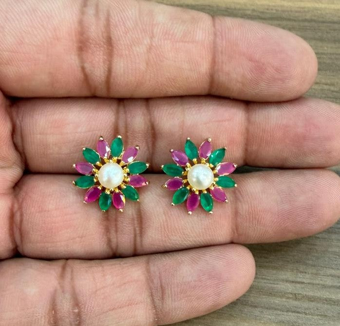 CZ Colour Stone Studded Studs With Real Button Pearl (D.No PTOP187)