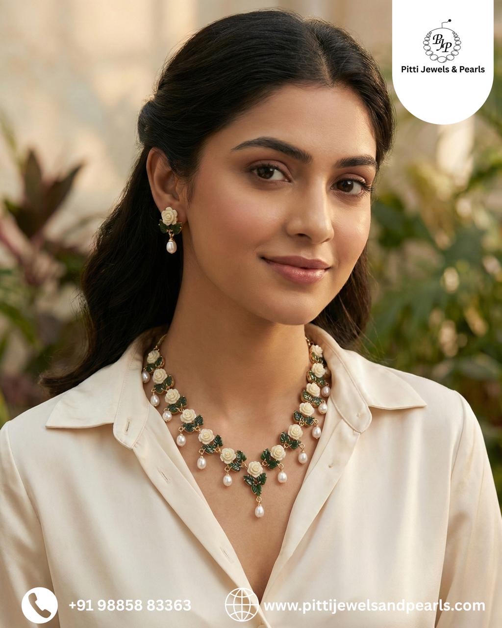 Ceramic Flower Necklace Set With Real Pearl Drops With Certificate(D.No ADPRLS859)