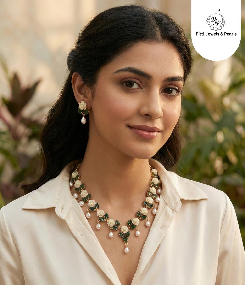 Ceramic Flower Necklace Set With Real Pearl Drops With Certificate(D.No ADPRLS859)