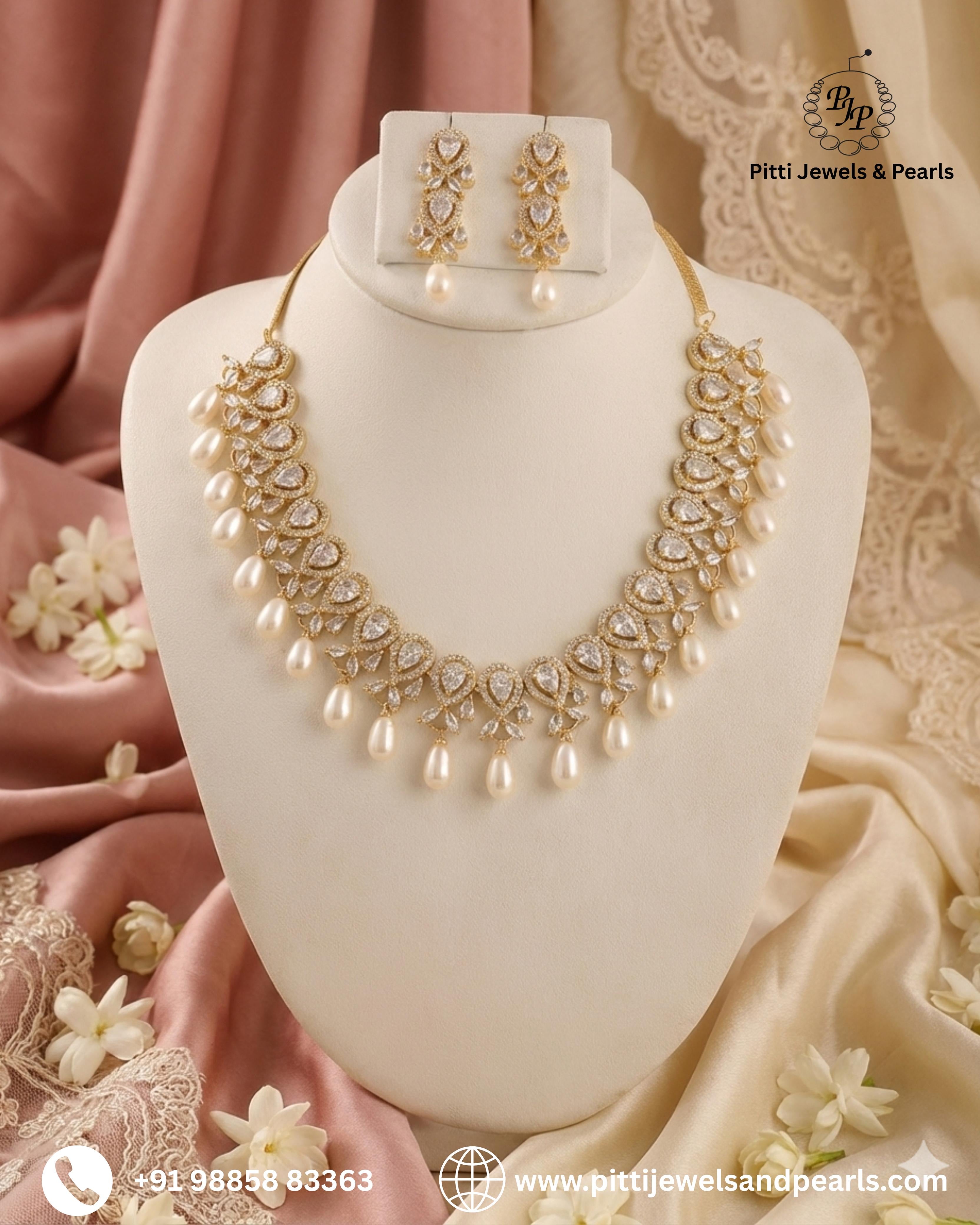Beautiful Cz Stone Studded Necklace Set For Women With Real Pearl Drops With Certificate(D.No ADPRLS2015)