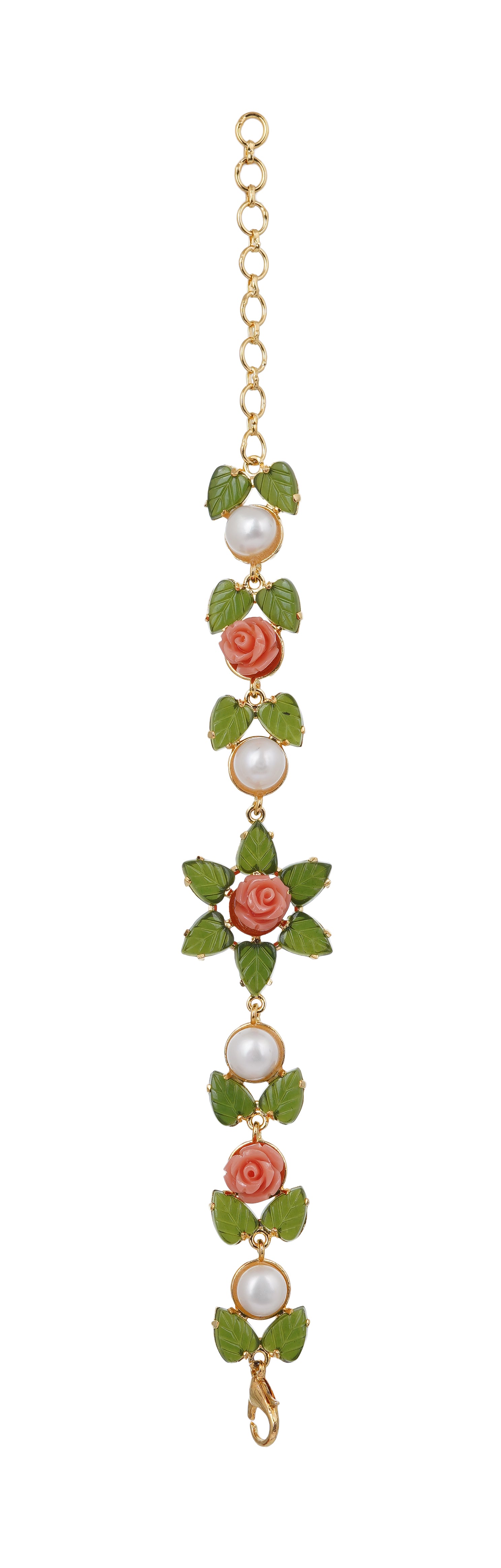 Ceramic Flower n Jade leaf Real Natural Fresh Water Button Pearl Bracelet With Certificate(D.No ADBLS281)