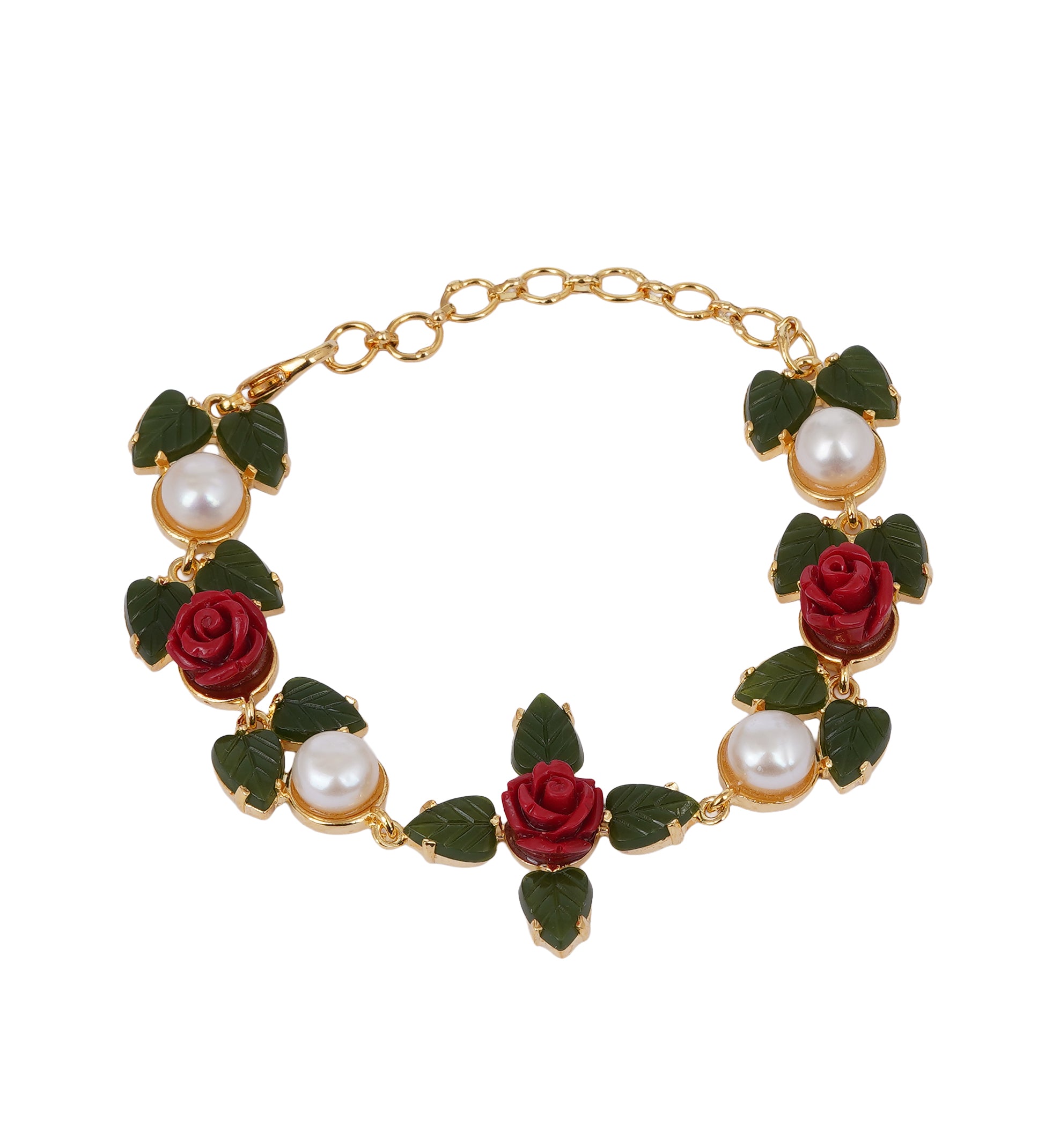 Ceramic Flower n Jade leaf Real Natural Fresh Water Button Pearl Bracelet With Certificate(D.No ADBLS282)