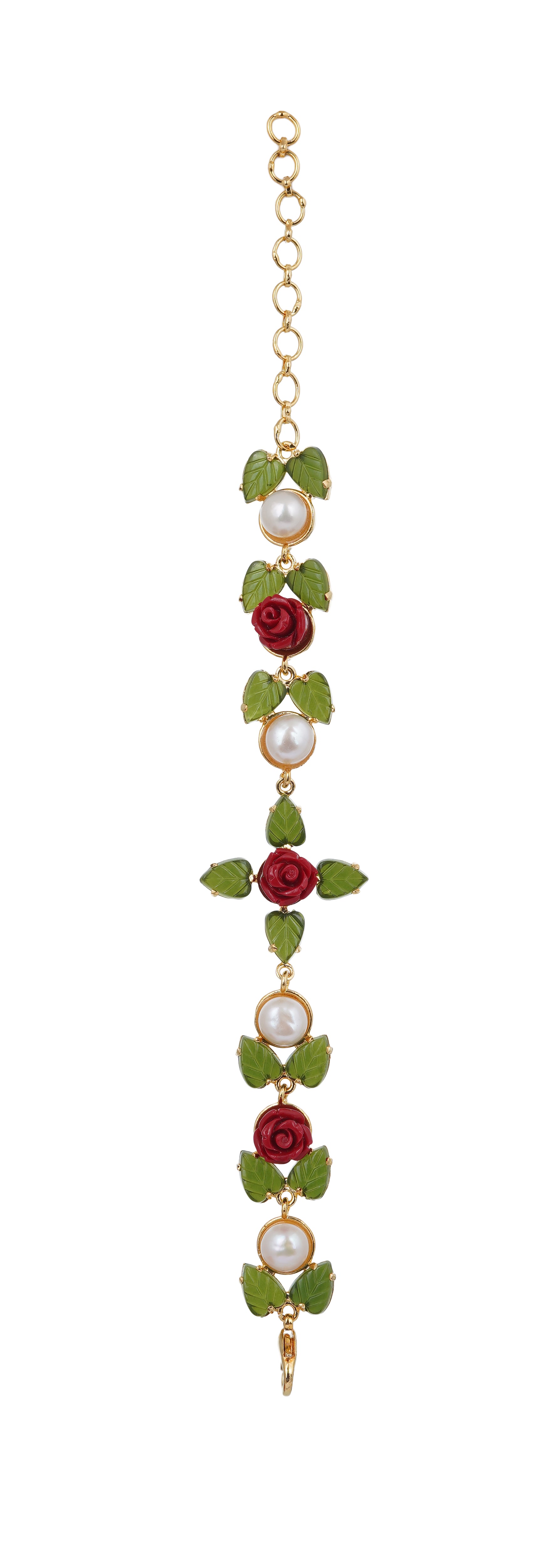 Ceramic Flower n Jade leaf Real Natural Fresh Water Button Pearl Bracelet With Certificate(D.No ADBLS282)