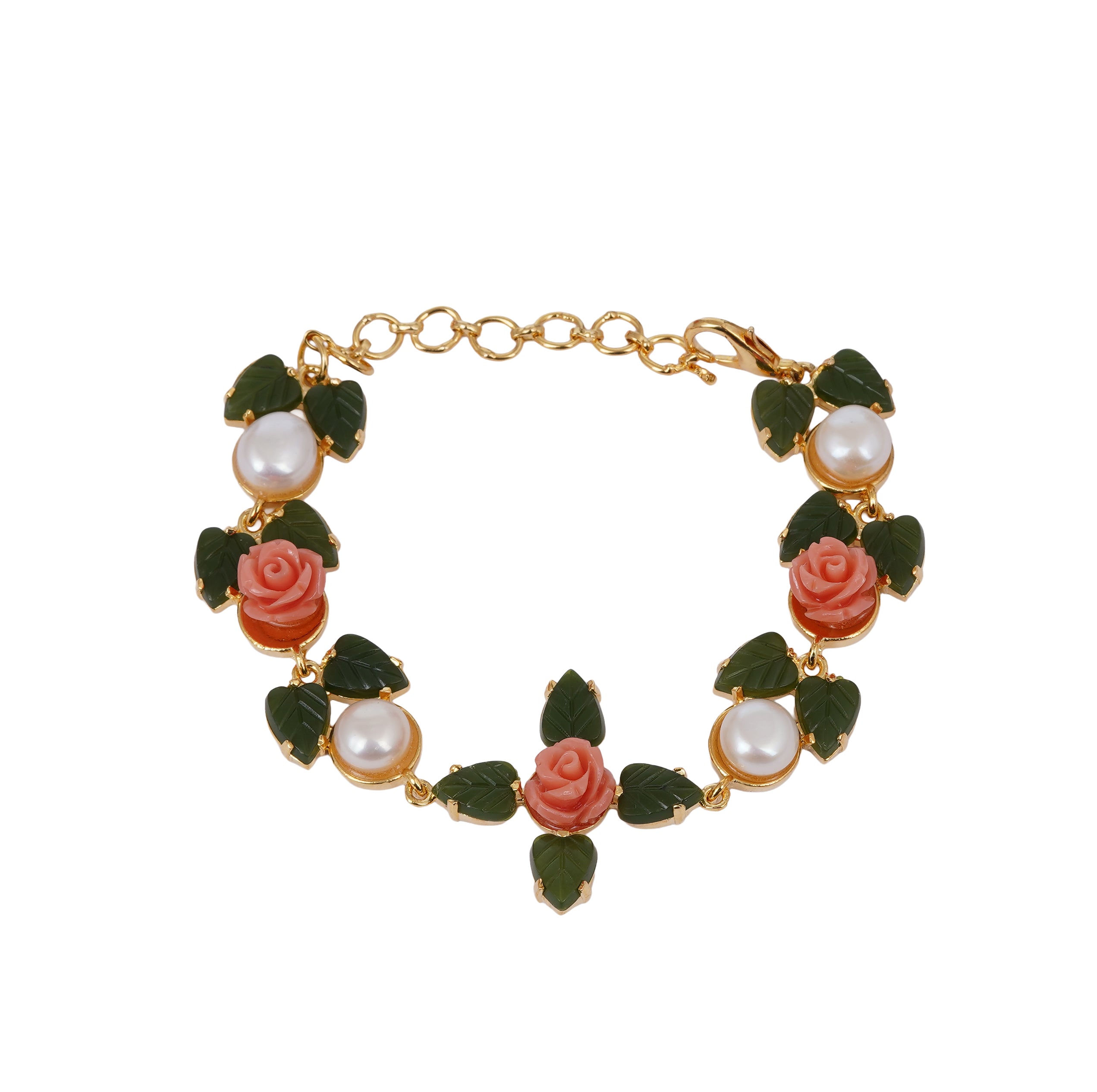 Ceramic Flower n Jade leaf Real Natural Fresh Water Button Pearl Bracelet With Certificate(D.No ADBLS284)