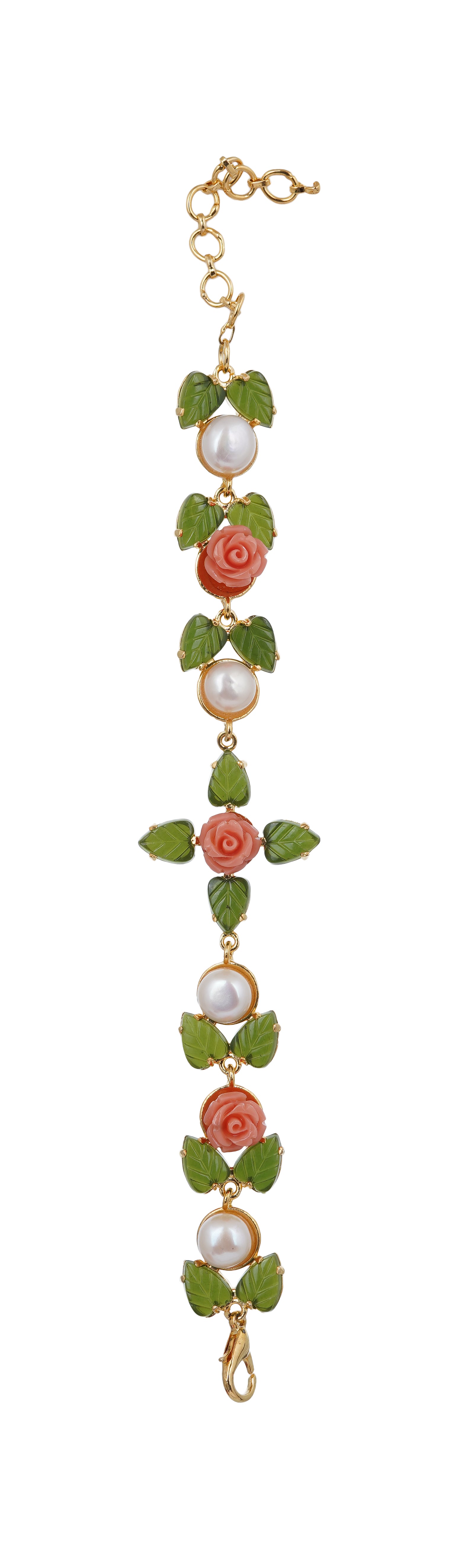 Ceramic Flower n Jade leaf Real Natural Fresh Water Button Pearl Bracelet With Certificate(D.No ADBLS284)