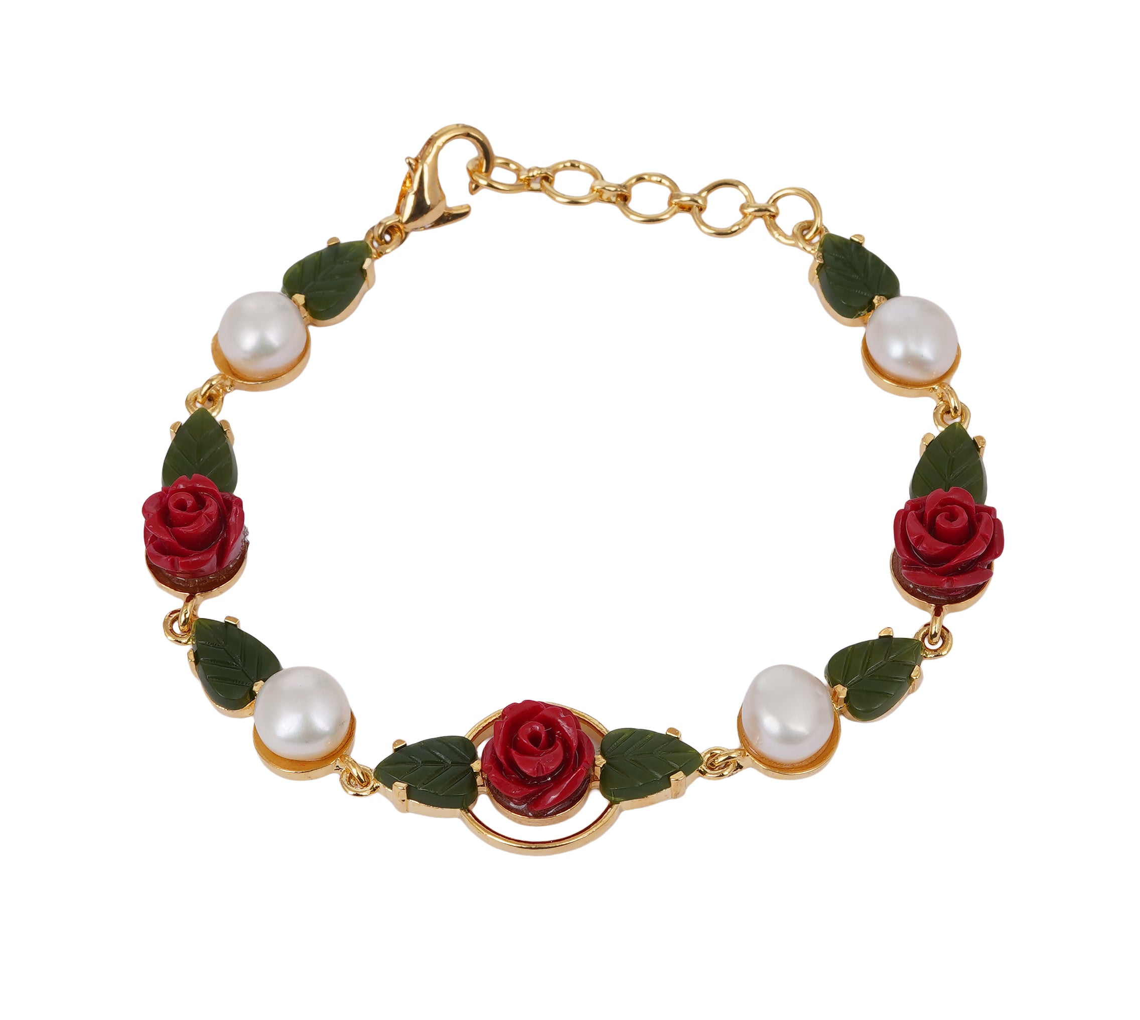Ceramic Flower n Jade leaf Real Natural Fresh Water Button Pearl Bracelet With Certificate(D.No ADBLS285)