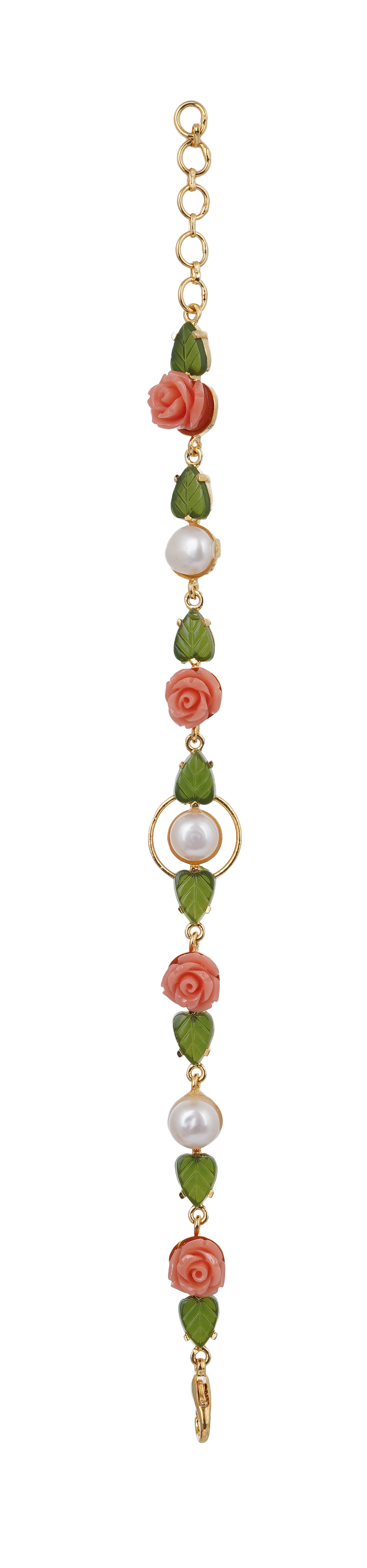 Ceramic Flower n Jade leaf Real Natural Fresh Water Button Pearl Bracelet With Certificate(D.No ADBLS286)