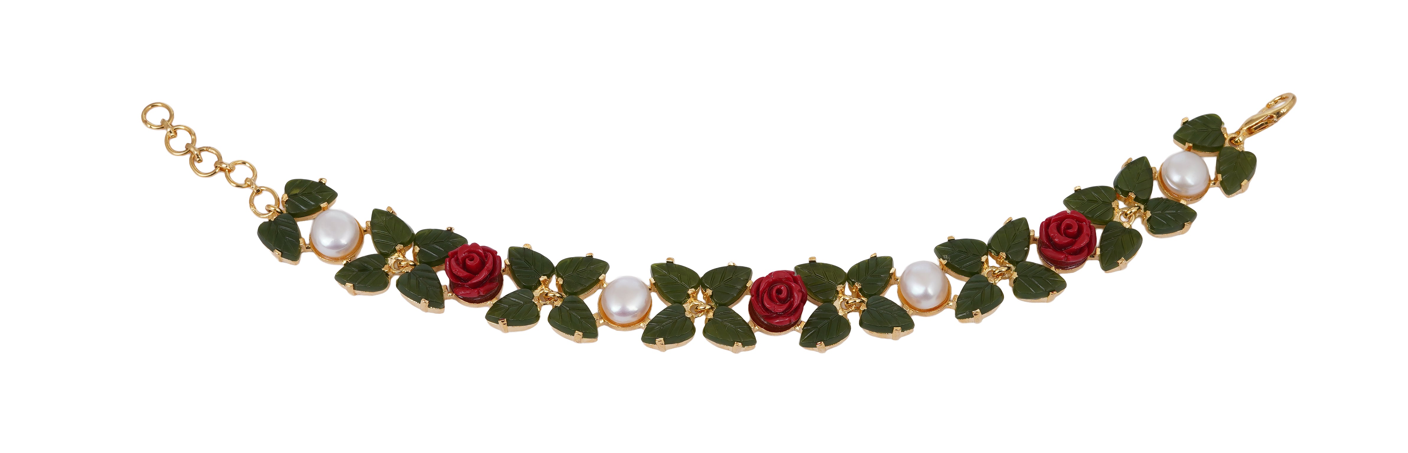 Ceramic Flower n Jade leaf Real Natural Fresh Water Button Pearl Bracelet With Certificate(D.No ADBLS289)