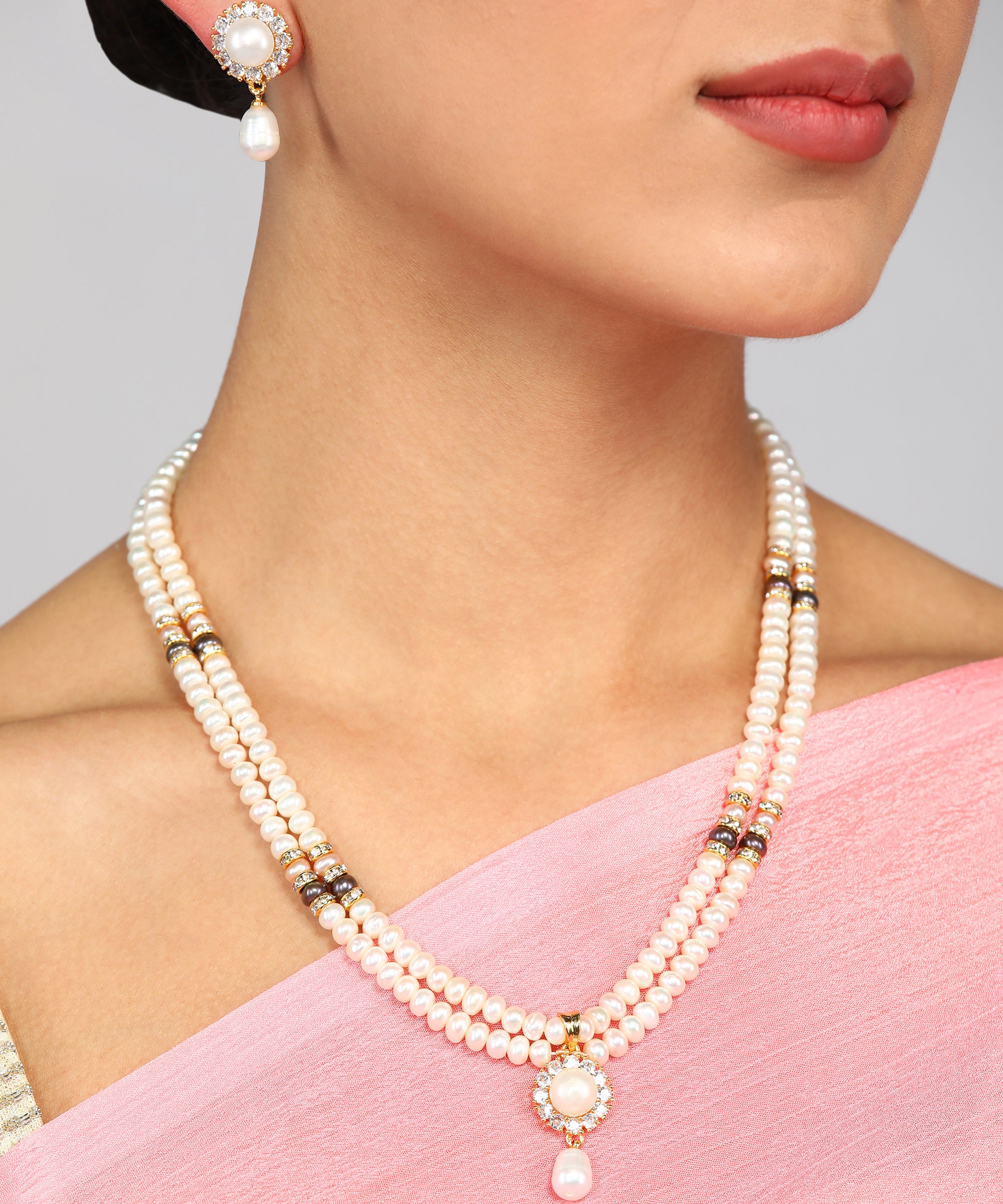 Real Natural Fresh Water Double String Pearl Set With Certificate For Women Girls