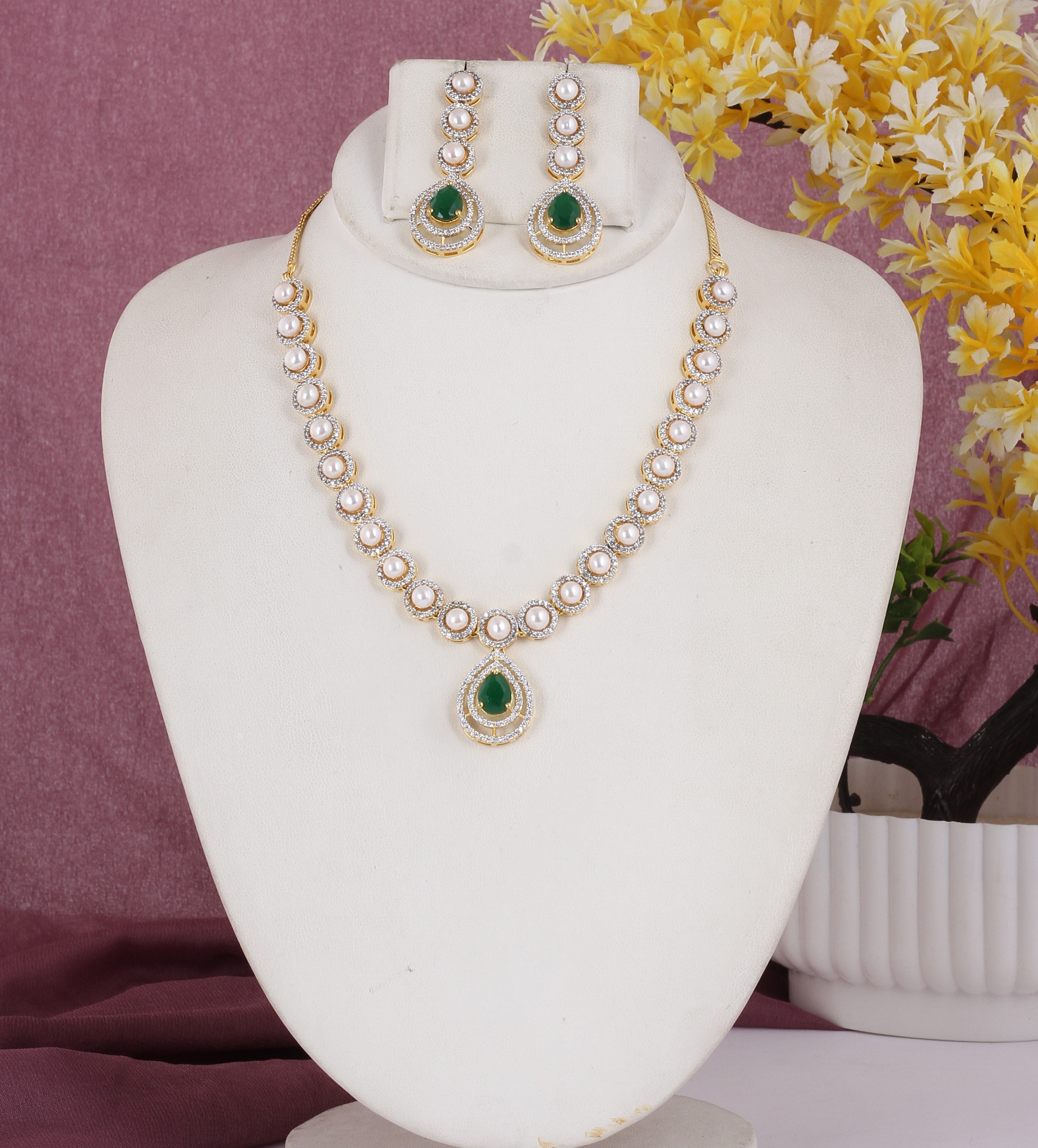 Beautiful Elegant Cz Stone N Real Button Pearls Necklace Set For Women With Certificate(D.No ADPRLS2033)