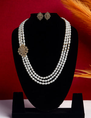 Real Natural Fresh Water Triple String Pearl Set With Certificate