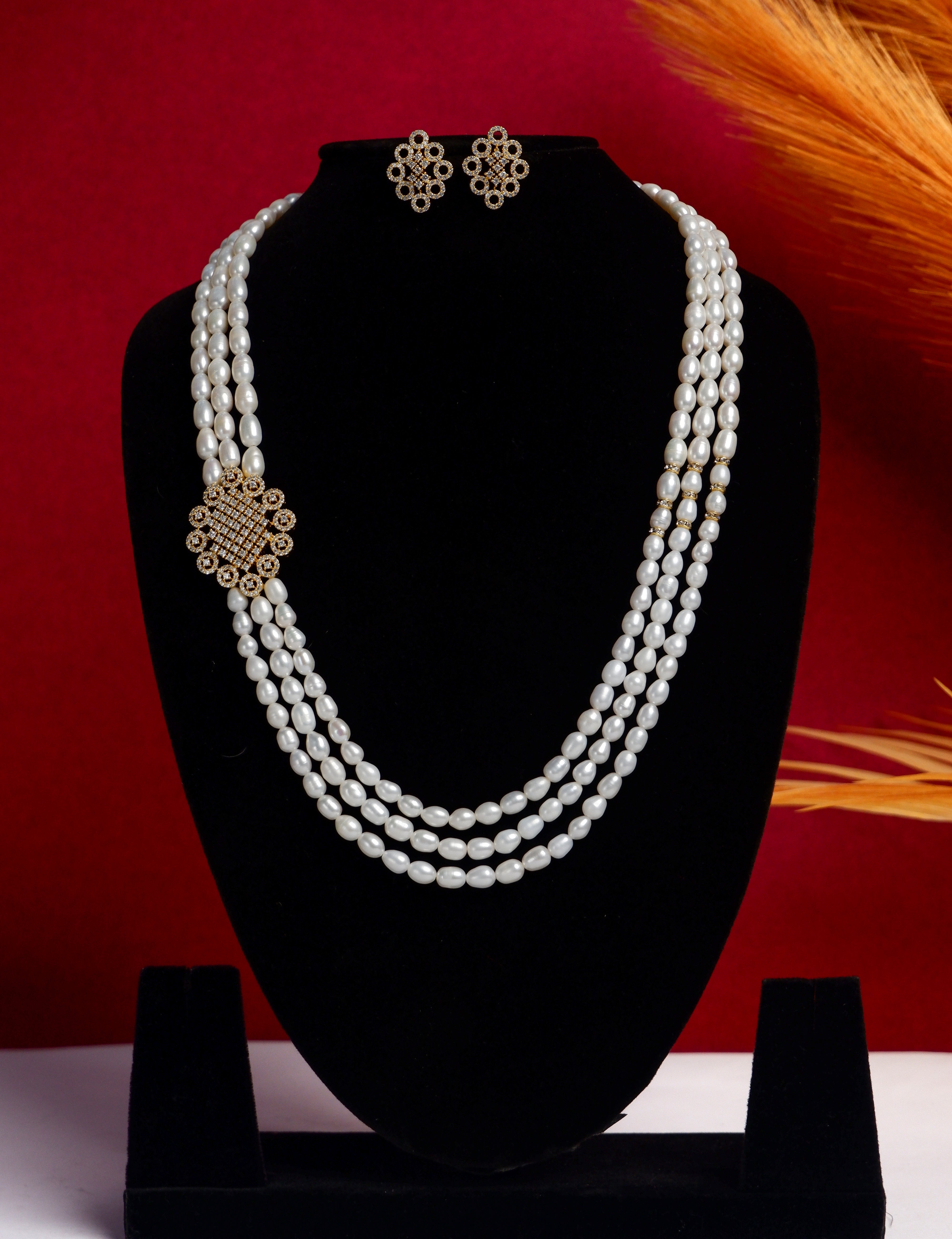 Real Natural Fresh Water Triple String Pearl Set With Certificate