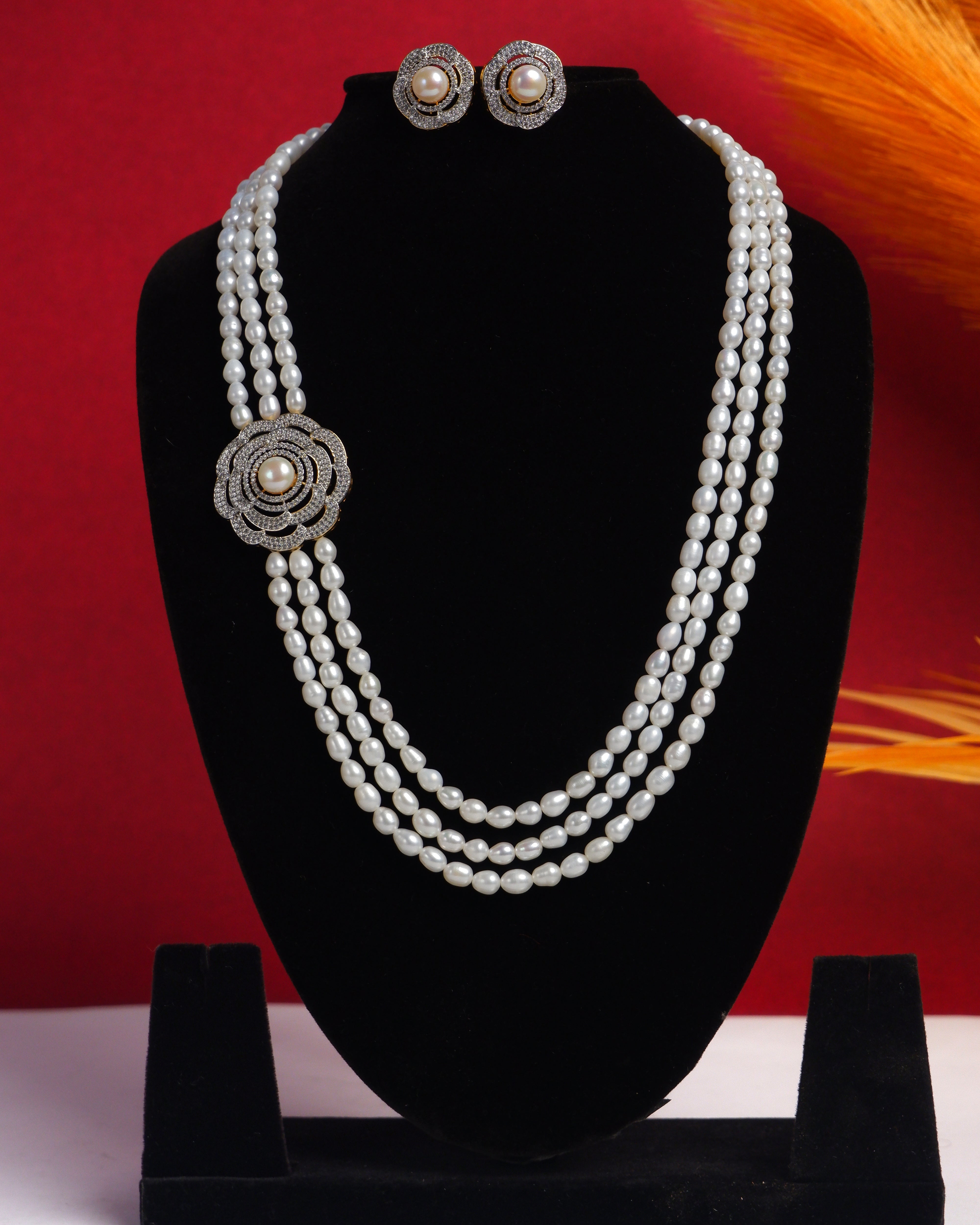 Real Natural Fresh Water Triple String Pearl Set With Certificate