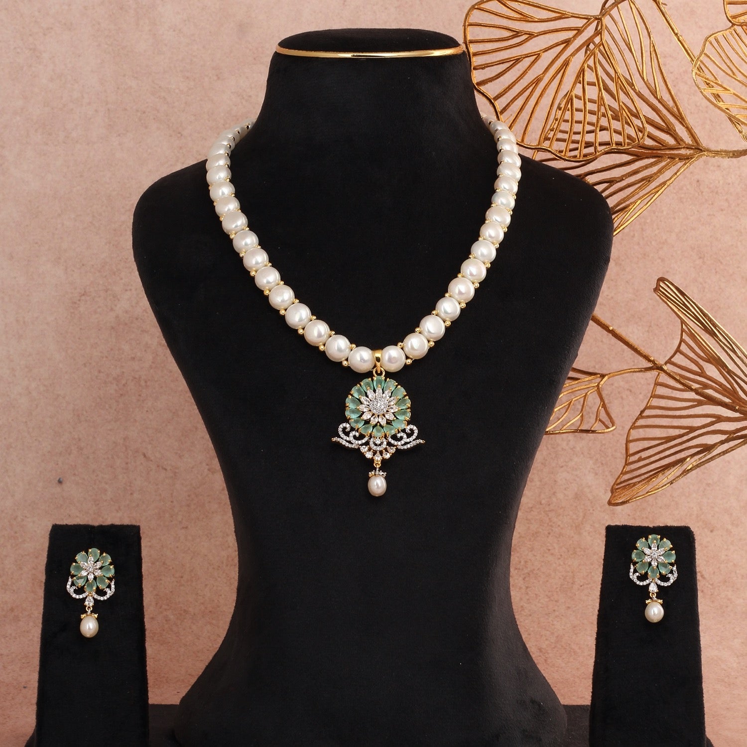Hand crafted Natural Freshwater Button Pearl Jewelry Set With Certificate(D.No ADPRLS2728)