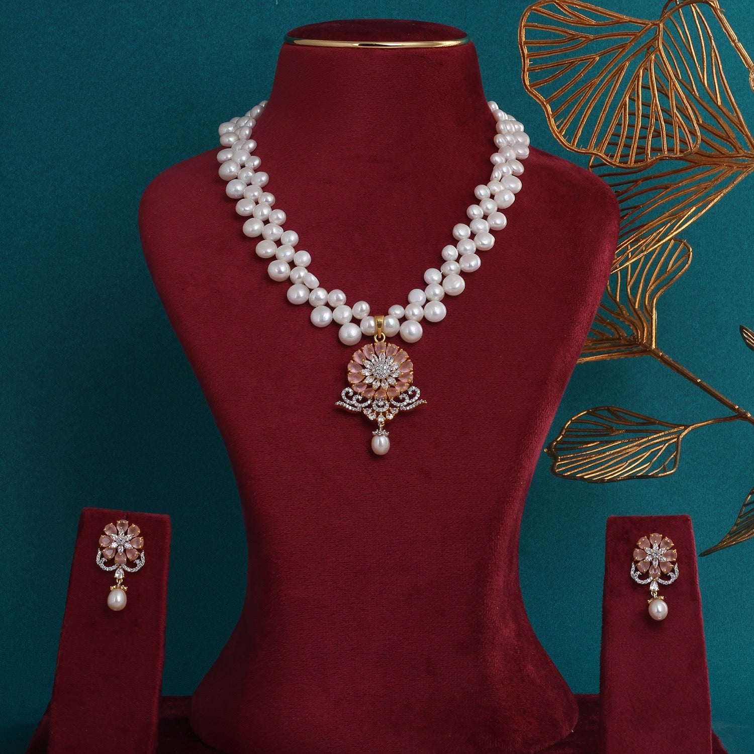 Hand crafted Natural Freshwater Button Pearl Jewelry Set With Certificate(D.No ADPRLS2731)