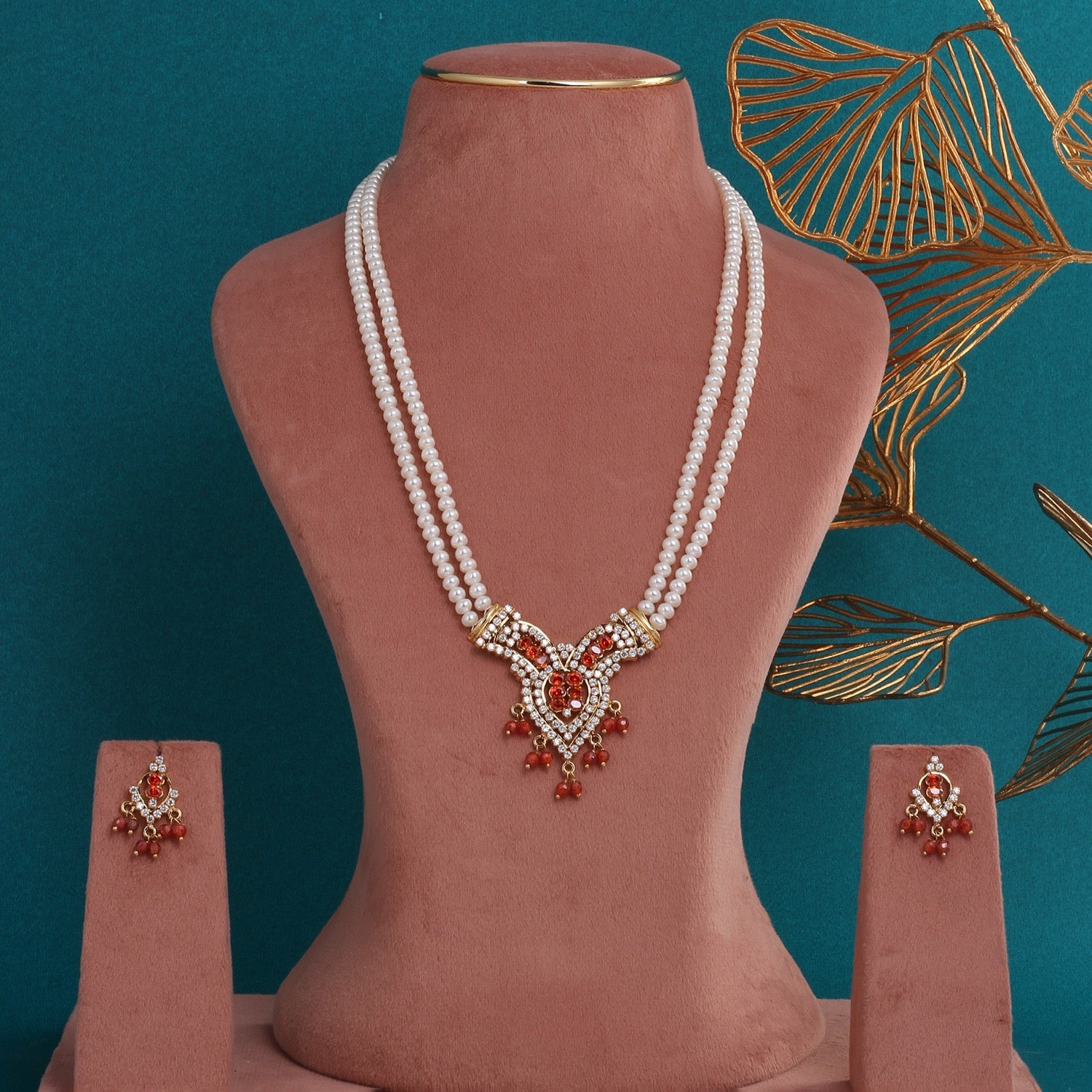Handcrafted Double-String Authentic Pearl Jewelry Set With Certificate(D.No ADPRLS2765)