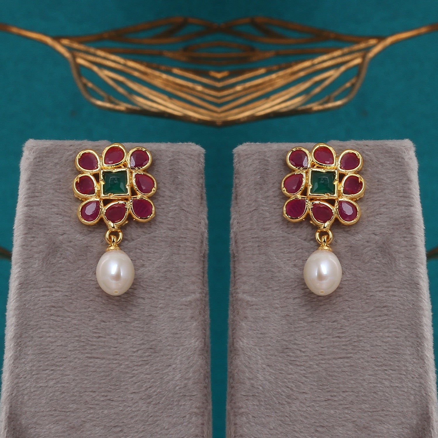 Certified Double-String Pearl Necklace Set with Ruby-Green Floral Stones & Pearl Drop Earrings(D.No ADPRLS2781)