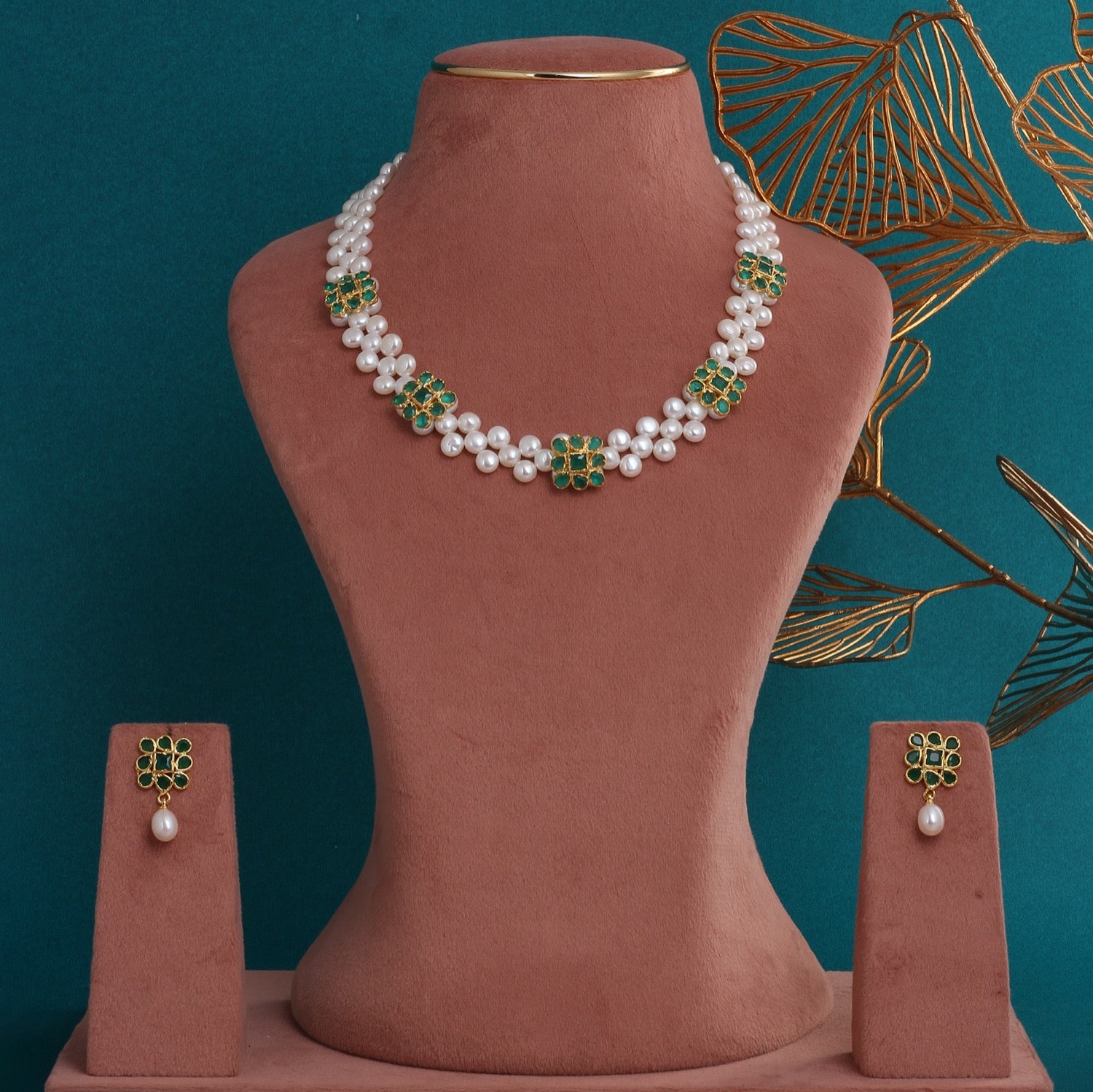 Certified Double-String Pearl Necklace Set with Green Floral Stones & Pearl Drop Earrings(D.No ADPRLS2782)